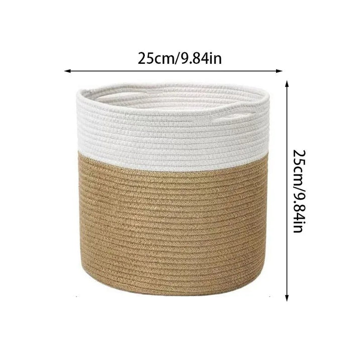 Medium White and beige cotton rope storage basket with handles, ideal for indoor plants or home organisation.