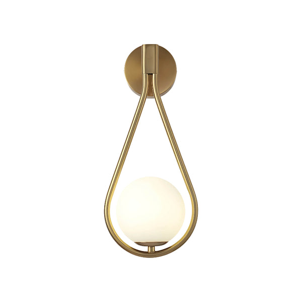 Brushed brass wall light with frosted glass globe on the white background