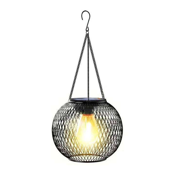 Single black metal mesh solar lantern with hook and chain, designed for garden or patio lighting.