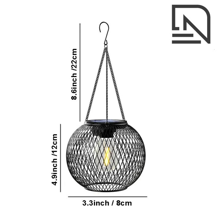 Waterproof outdoor solar lantern with size dimensions and chain height details for hanging setup.