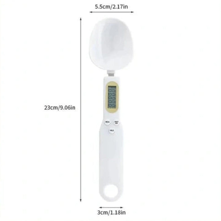 White digital measuring spoon scale with 23cm length and LCD screen dimensions shown