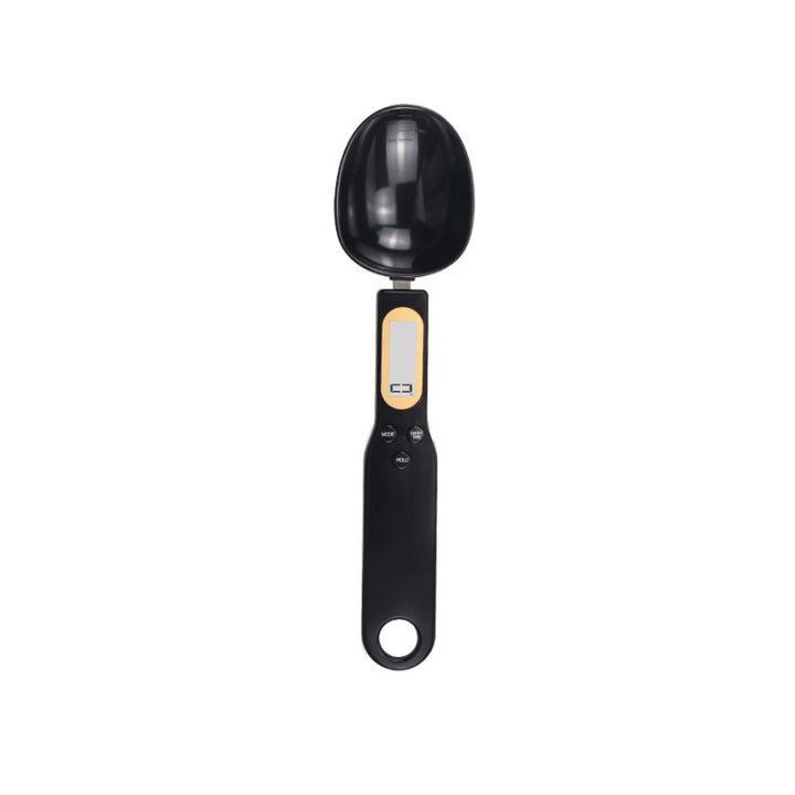 Black measuring spoon with a digital display on a white background