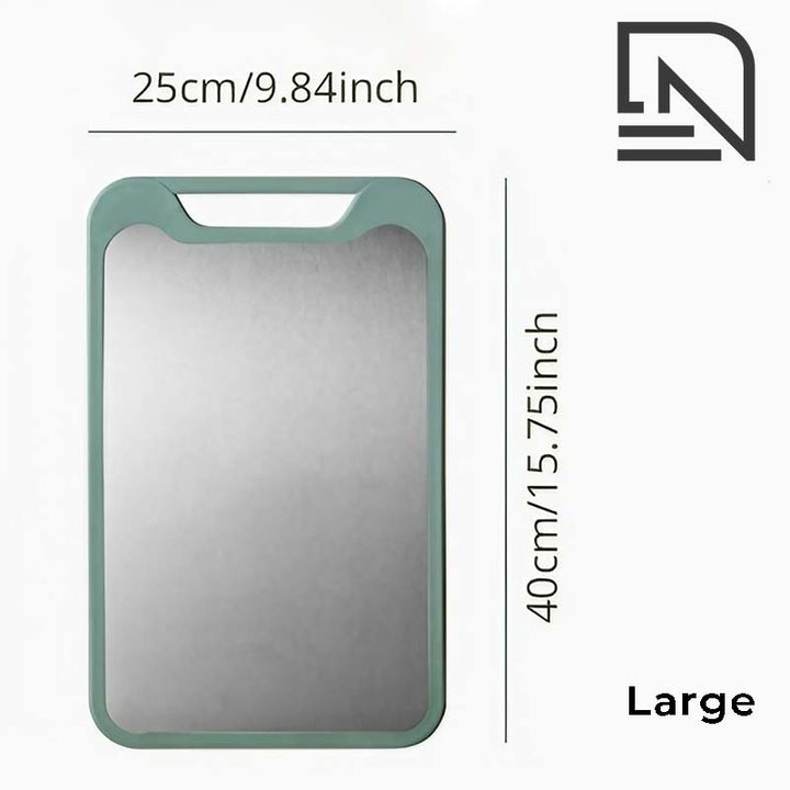 Rectangular stainless steel cutting board with dimensions labeled on a white background