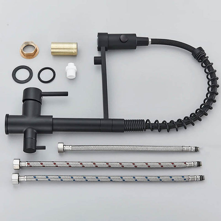 Matte black pull-out mixer tap set with hoses and brass fittings, designed for hot, cold and purified water in modern kitchens