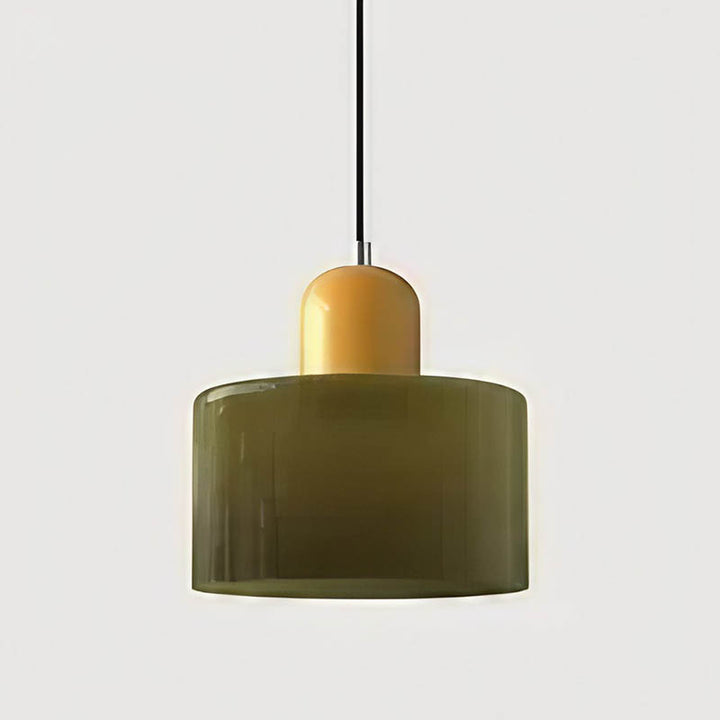 SOLRIG Nordic Glass Pendant Light with olive green glass shade and mustard top, modern lighting for dining room or kitchen