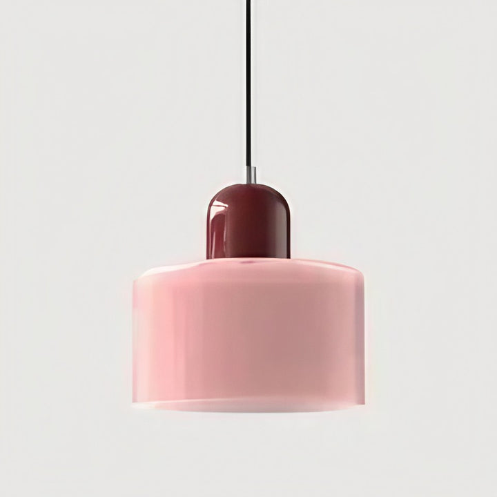 Elegant Nordic pink glass pendant light with mustard burgundy top, SOLRIG Collection ideal for bar or modern bedroom lighting