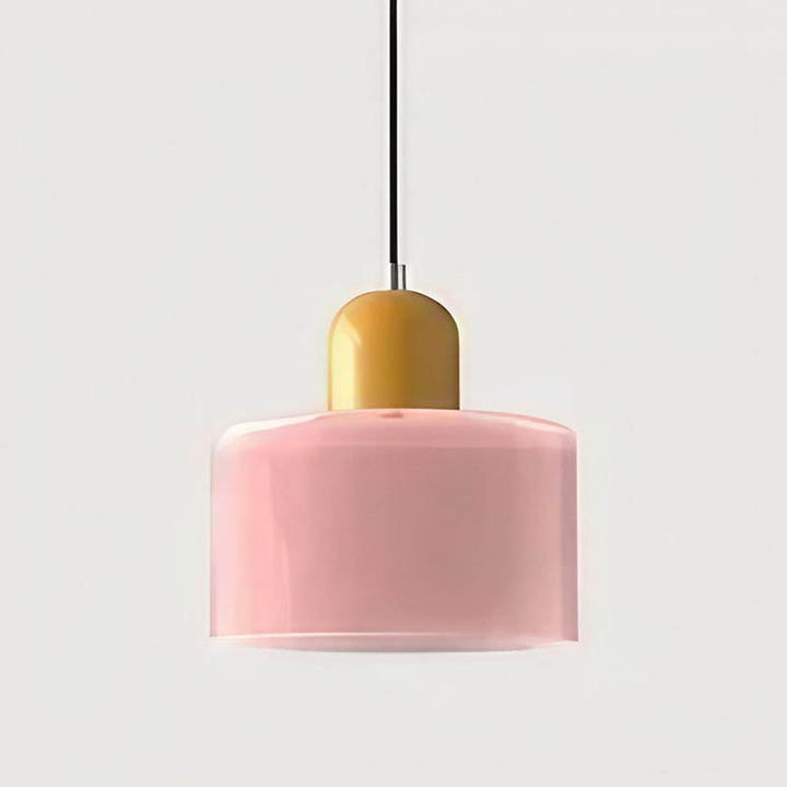 Elegant Nordic pink glass pendant light with mustard yellow top, SOLRIG Collection ideal for bar or modern bedroom lighting