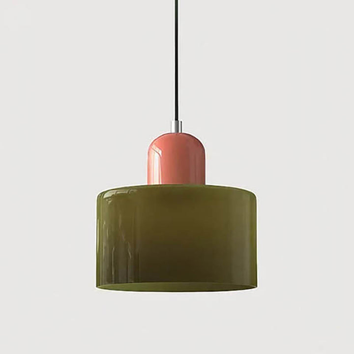 SOLRIG contemporary glass pendant light with olive-green shade and stylish coral pink ceramic top, perfect for bedroom lighting