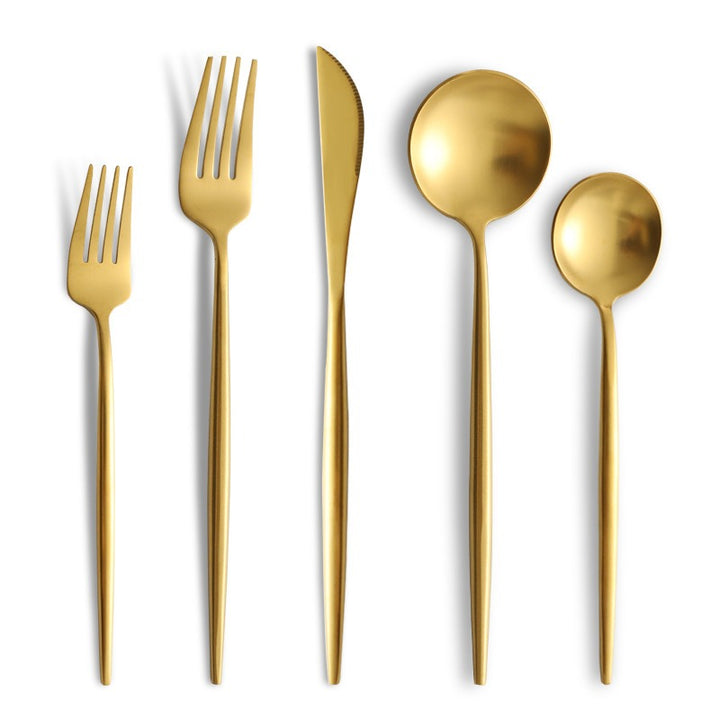 Gold 5-piece minimalist cutlery set—dinner fork, salad fork, knife, soup spoon, teaspoon; modern dining tableware.