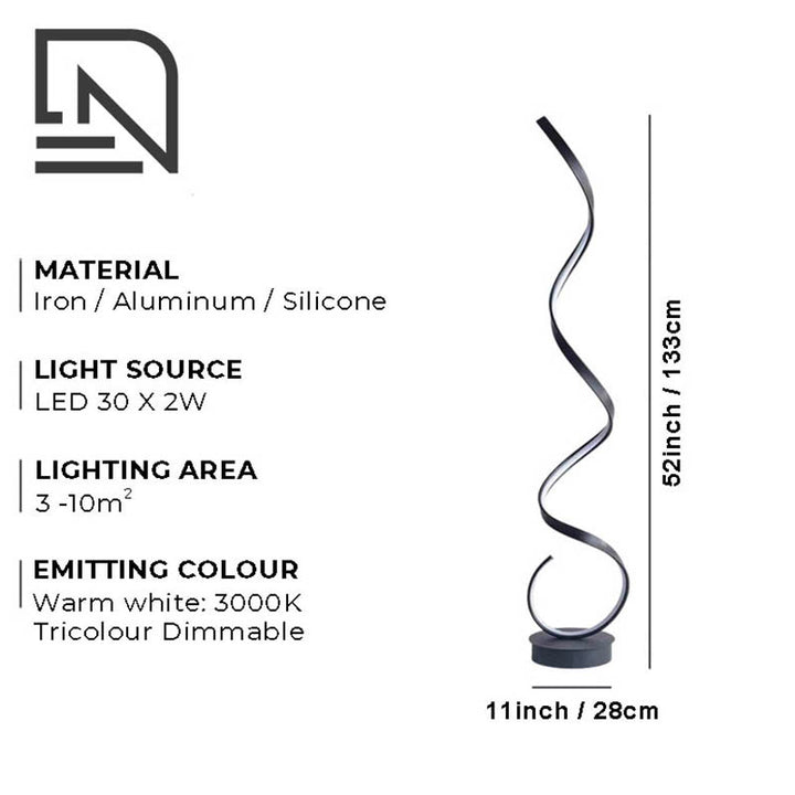 SKIFT modern spiral LED floor lamp, 52inch / 133cm tall, 3000K dimmable light, made from aluminium and silicone