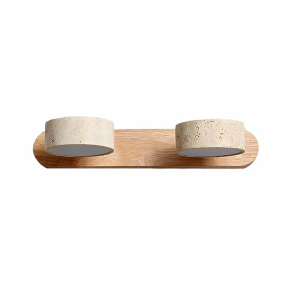 Bathroom shelf with two ceramic bowls on a wooden base against a white background