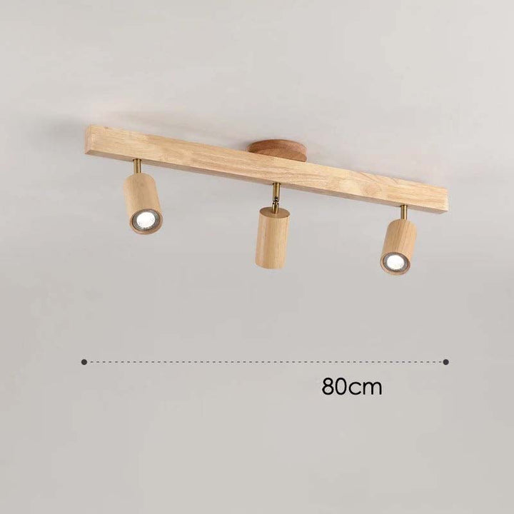 Wooden ceiling light fixture with three cylindrical lights on a gray background, showing measurement of 80cm.
