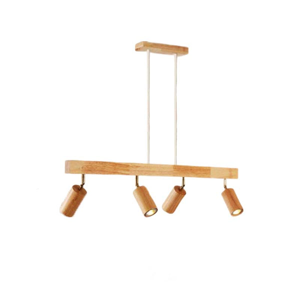 Wooden pendant light fixture with four cylindrical bulbs on a white background