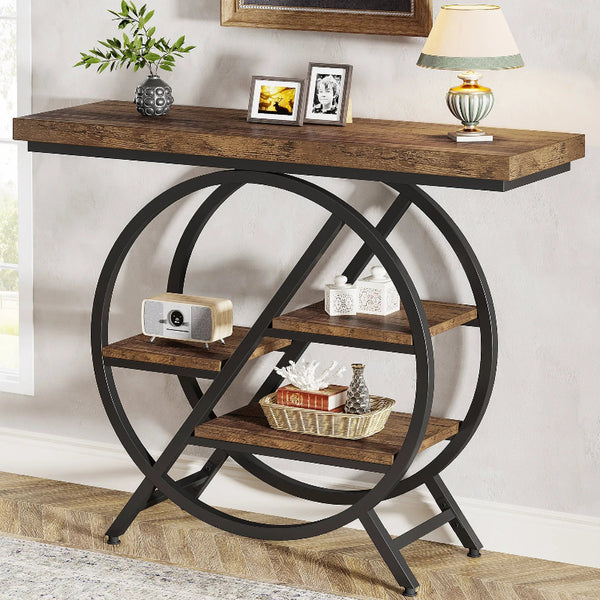 Wooden console table with circular metal frame against a white wall