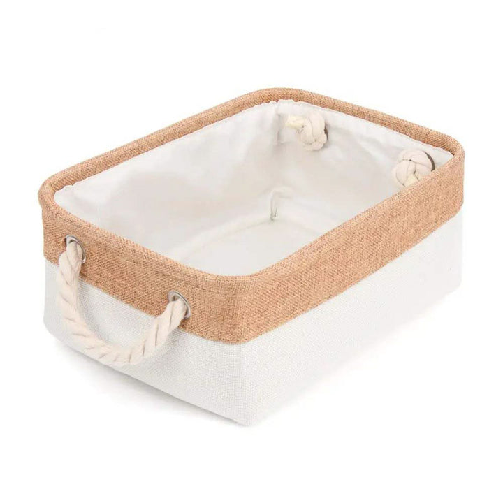 Rectangular storage basket with beige woven rim and white interior on a white background
