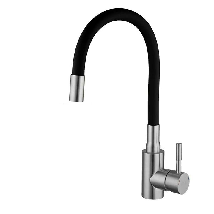 Modern kitchen tap with black rubber hose on a white background