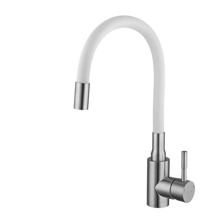 Modern kitchen tap with white rubber hose on a white background