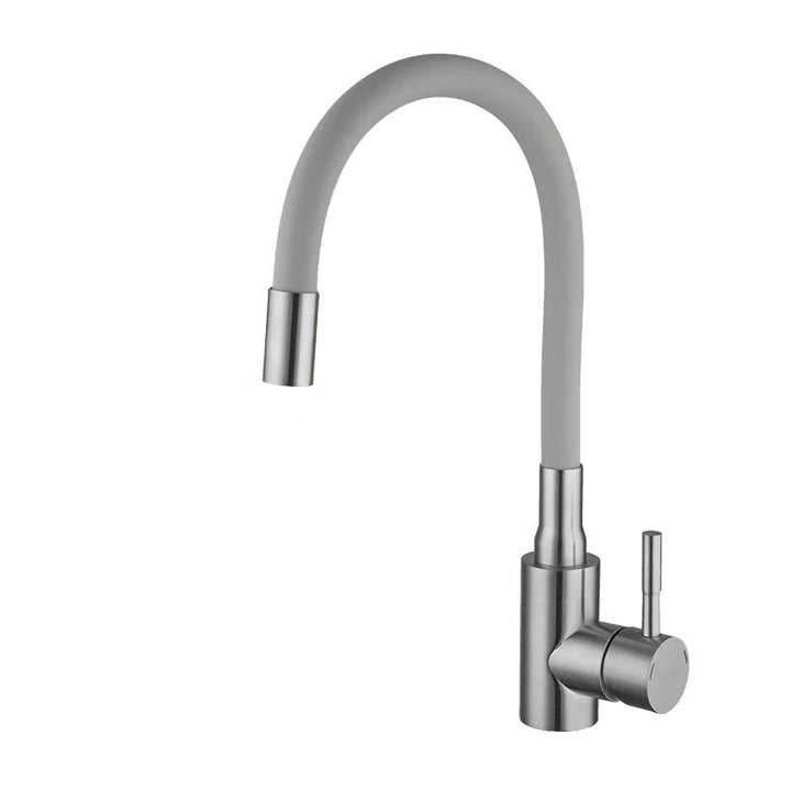 Modern kitchen tap with gray rubber hose on a white background