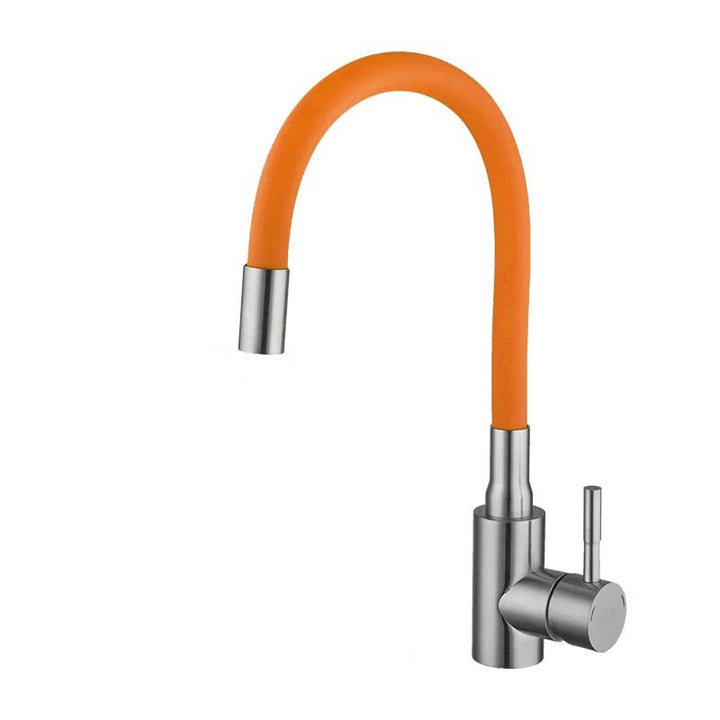 Orange kitchen tap with silver base on a white background