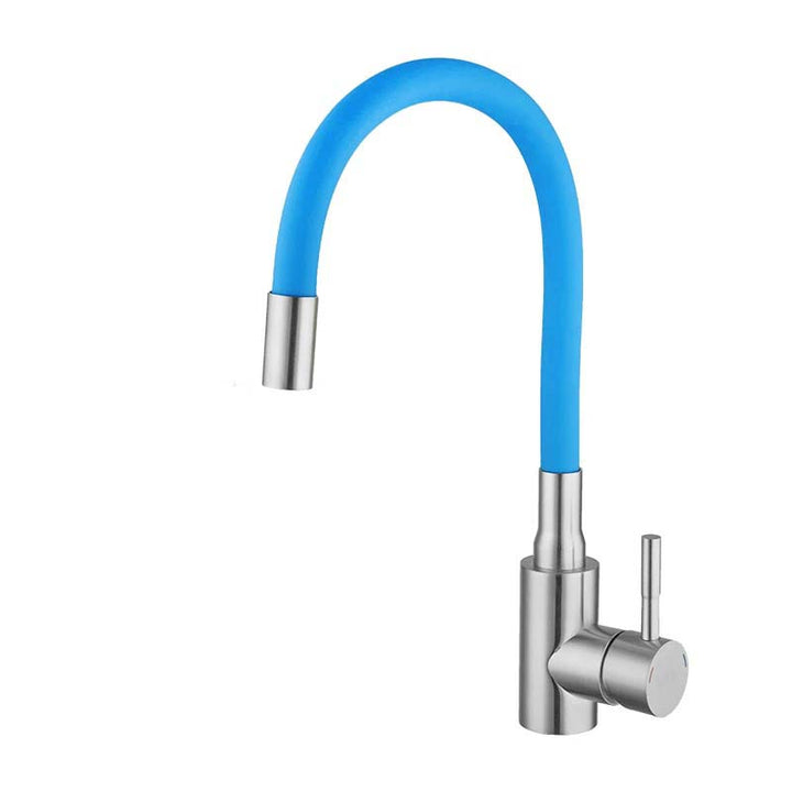 Blue modern kitchen tap with a white background