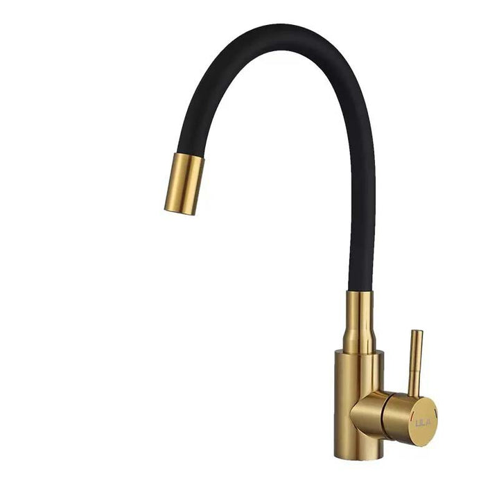 Modern kitchen tap with black hose and gold accents on a white background