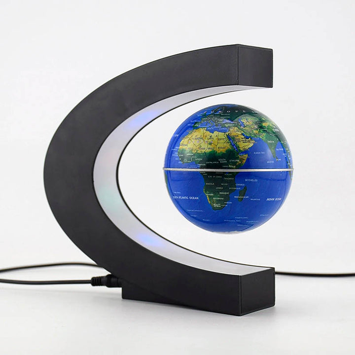 Blue magnetic levitation globe lamp with colourful world map, LED floating night light for stylish home office desk decor