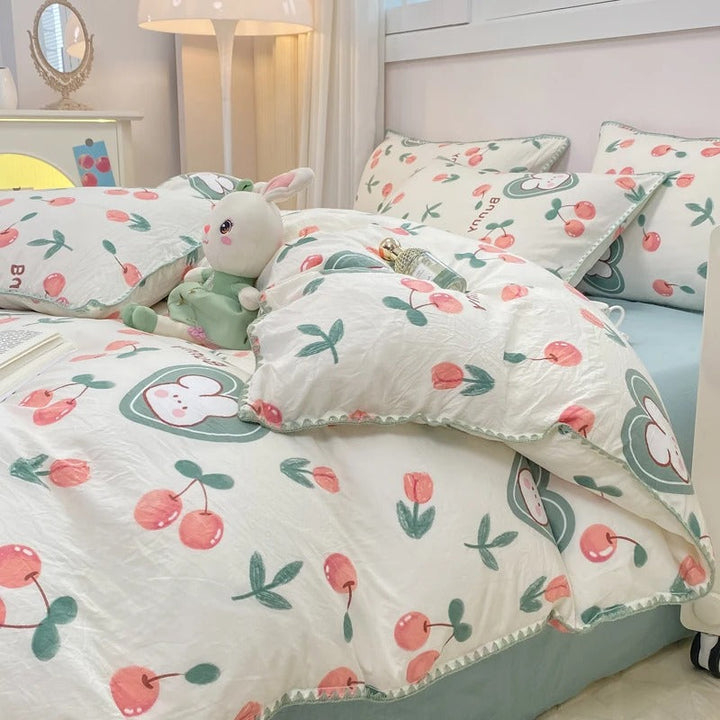 Cute bunny and cherry bedding set in green and pink tones, perfect for cheerful modern bedrooms