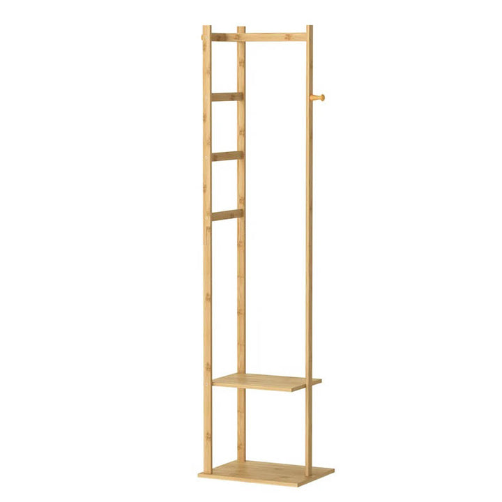 Narrow freestanding bamboo coat rack with six hooks in natural finish, ideal for small UK entryways and hallways