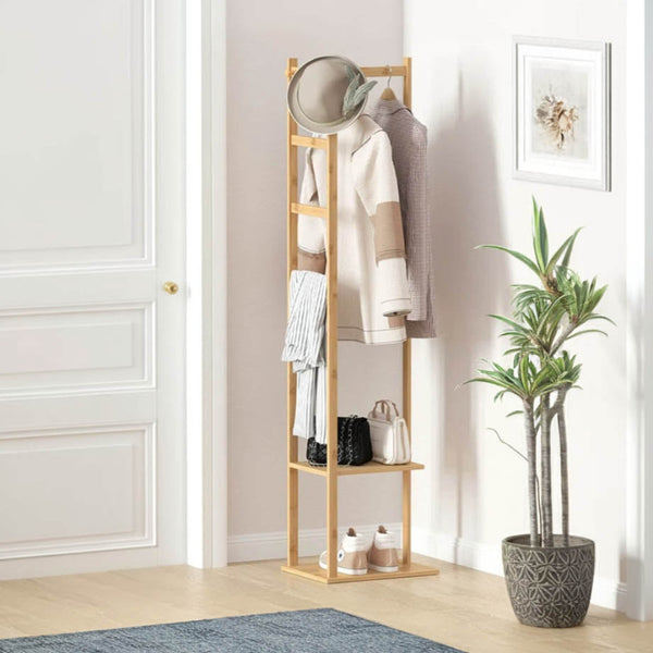 Slim bamboo hallway coat stand with stable base, Scandi-style organiser for compact entry spaces