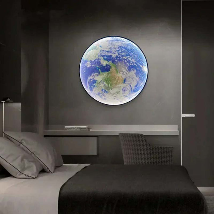 GAIA 3D dimmable LED earth wall lamp by Nordic Essentials,medium size, cool glow in modern UK bedroom setting