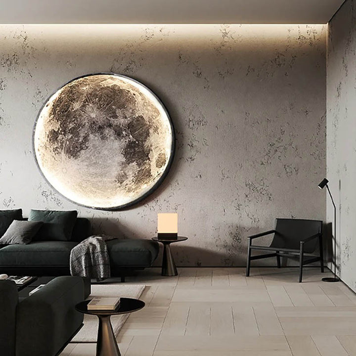 GAIA 3D dimmable LED moon wall lamp by Nordic Essentials, large size, warm glow in modern bedroom setting