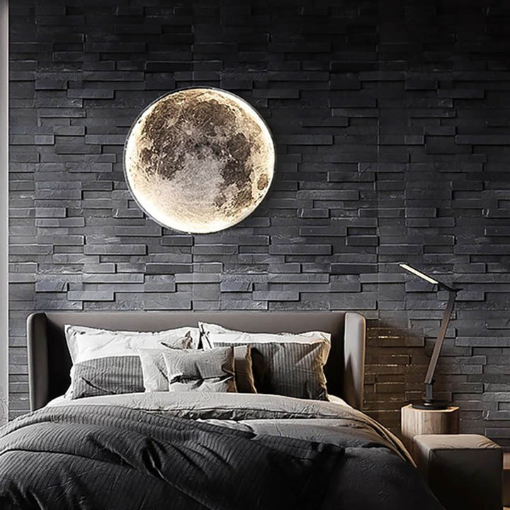 GAIA 3D dimmable LED moon wall lamp by Nordic Essentials,medium size, warm glow in modern bedroom setting