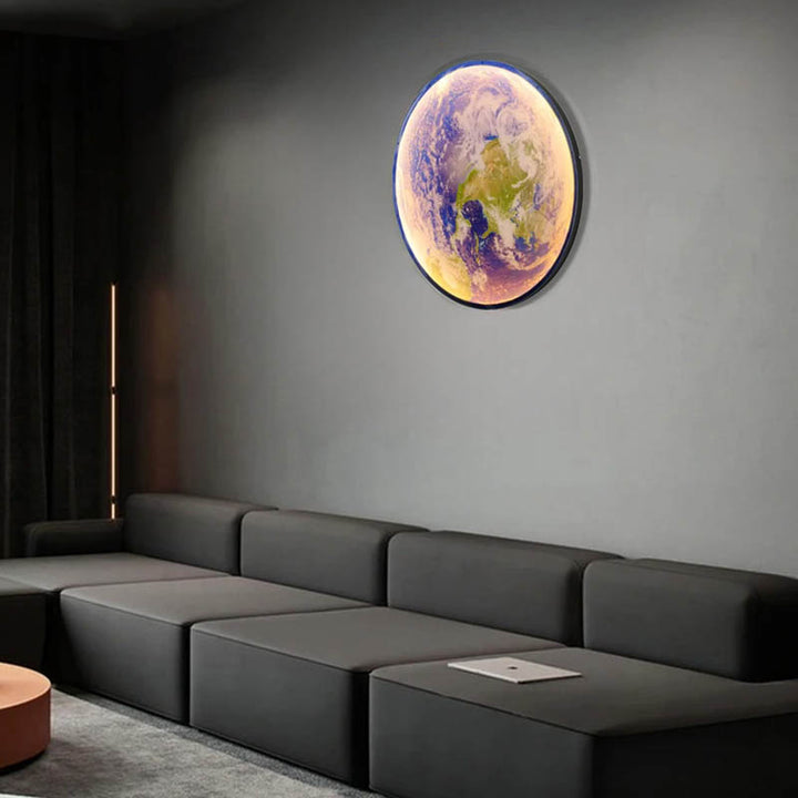 GAIA 3D dimmable LED earth wall lamp by Nordic Essentials, medium, warm glow in modern sitting room setting