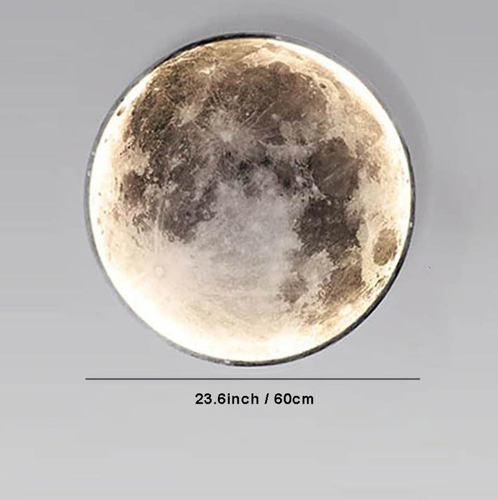 GAIA 3D dimmable LED moon wall lamp by Nordic Essentials, 23inch size, warm glow on grey background