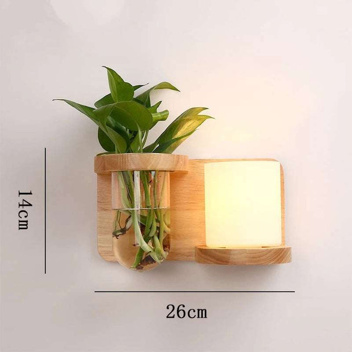 Compact wooden wall lamp with frosted cube LED light and glass planter holder, 26x14cm