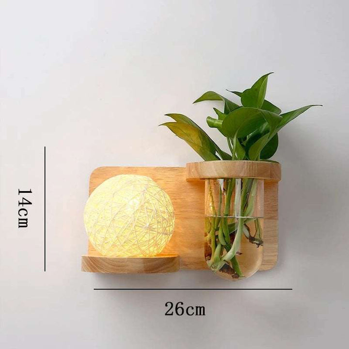Wooden wall sconce with woven globe LED light and planter holder, 26x14cm, warm glow