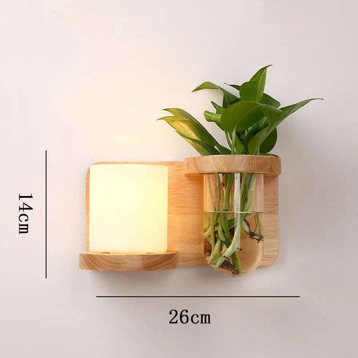 Wooden LED wall lamp with frosted cube light and glass planter holder, 26x14cm, Nordic design