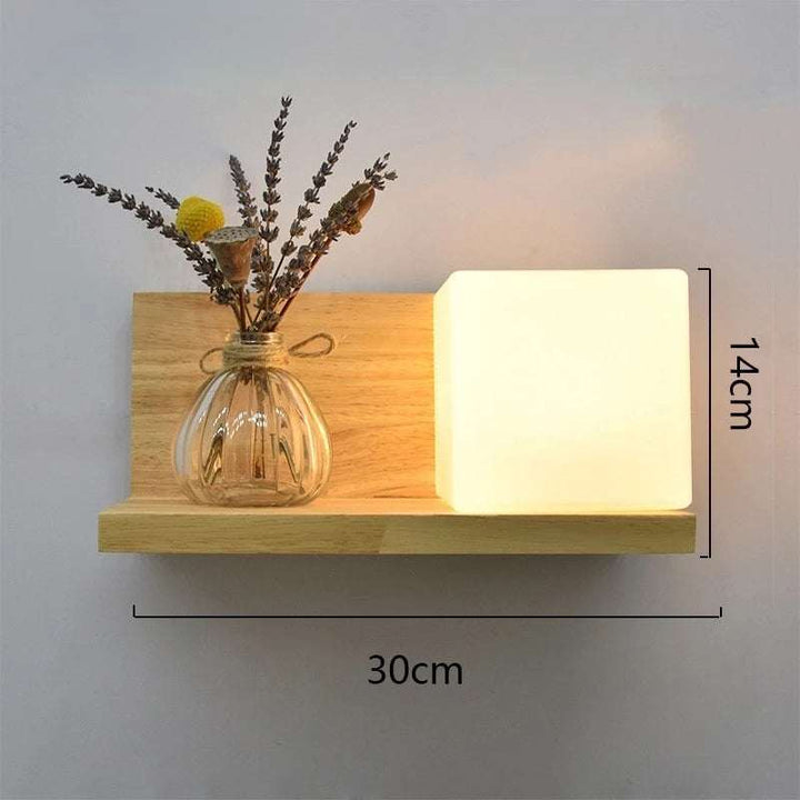 Scandinavian wooden wall lamp with frosted cube LED light and shelf, 30x14cm, minimalist style