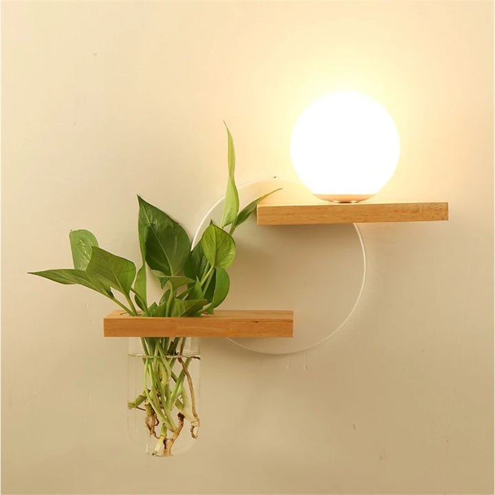 Creative wooden wall lamp with circular backplate, globe LED light and hanging glass planter.