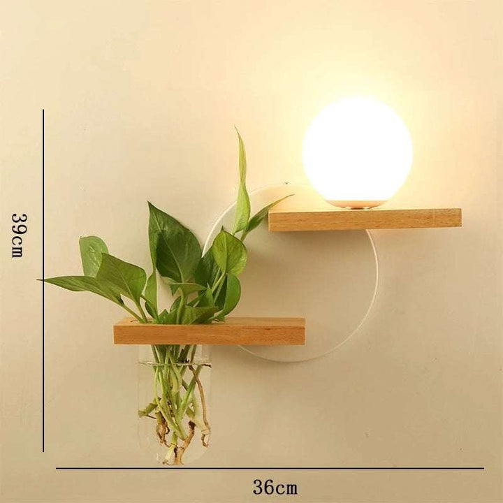Wooden LED wall lamp with round globe light, glass planter holder, Scandinavian design, 39x36cm.