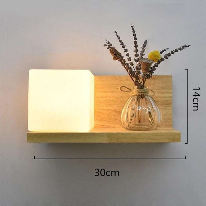 Wooden LED wall lamp with frosted cube light and wooden shelf, 30x14cm, Nordic style