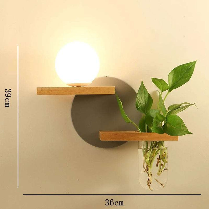 Nordic wooden wall lamp with globe LED light, circular backplate, and glass planter holder, 39x36cm, grey