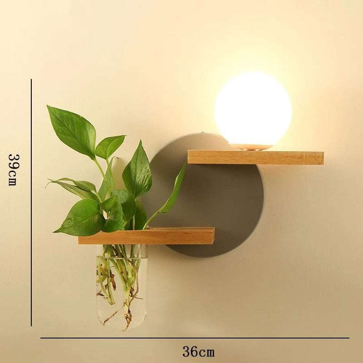Scandinavian wooden LED wall lamp with globe light, circular grey backplate and planter holder, 39x36cm