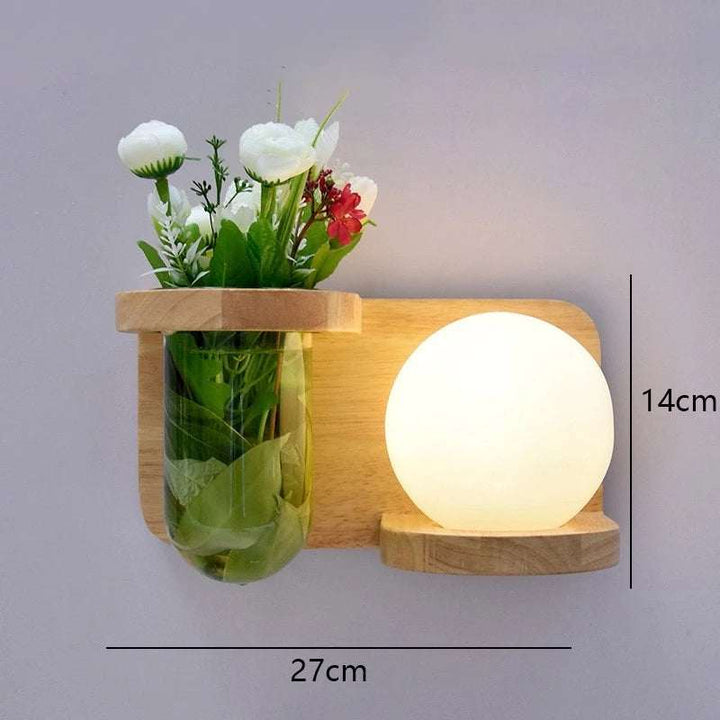 Creative wooden wall lamp with globe LED light and glass planter holder, 27x14cm, Nordic design