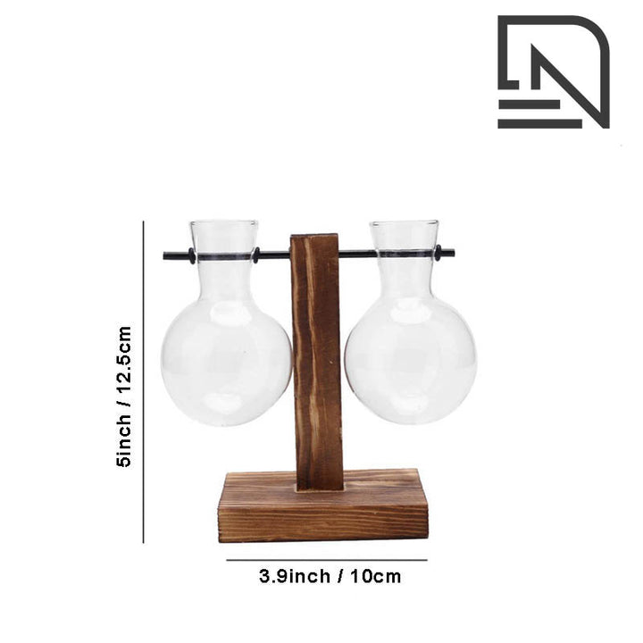 Twin glass bulb vases on dark wood base, perfect for hydroponic plant propagation or rustic uk indoor decor on white background with product dimensions.