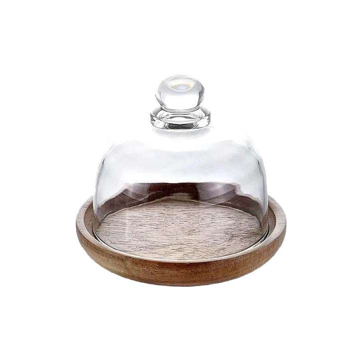 Minimalist Nordic glass jar with removable wooden base and dome lid, photographed on white background.