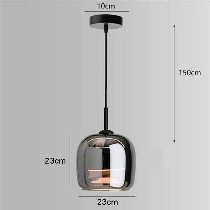 Glass Pendant light with dimensions labeled on a grey background