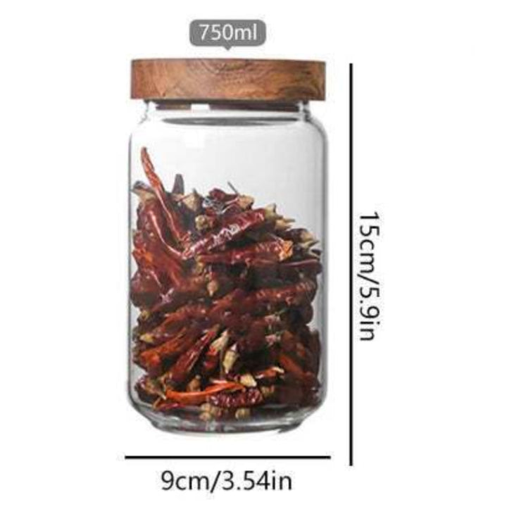 750ml airtight glass storage jar with bamboo lid, 15 cm tall, 9 cm wide, filled with dried chili peppers