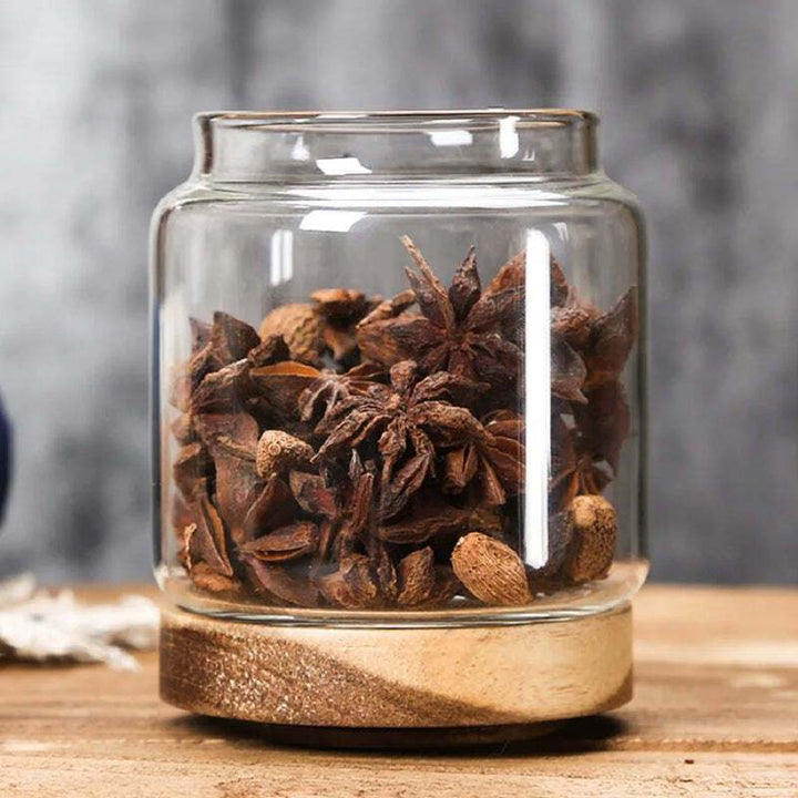 Close-up of airtight 450ml glass spice jar with bamboo lid, storing star anise