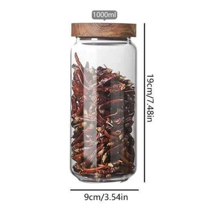 1000ml airtight glass storage jar with bamboo lid, 19 cm tall, 9 cm wide, filled with dried chili peppers